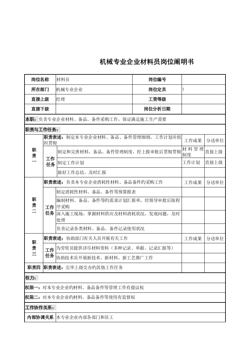 2023年机械专业公司材料员岗位说明书