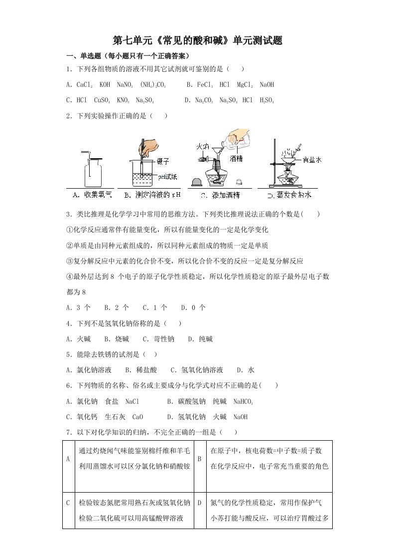 鲁教版初中化学九年级下册第七单元《常见的酸和碱》单元测试题(解析版)