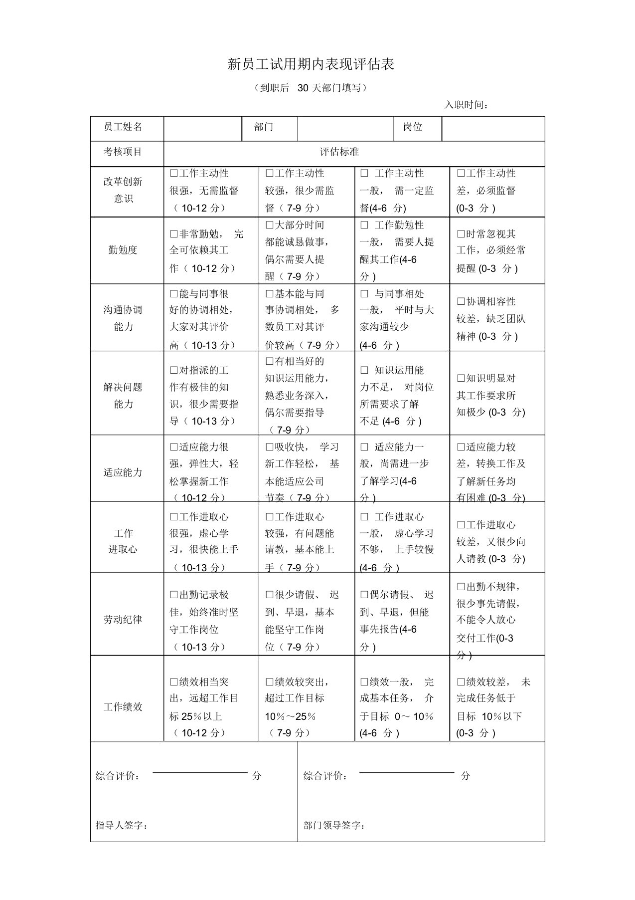 新员工试用期内表格现评估表格