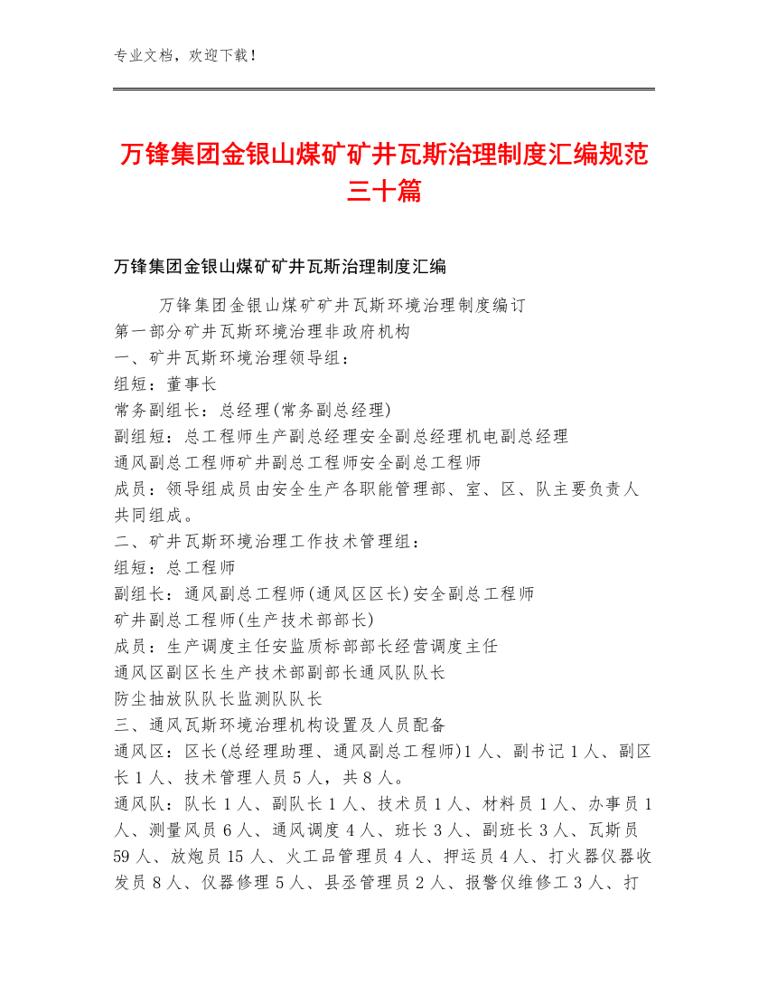 万锋集团金银山煤矿矿井瓦斯治理制度汇编规范三十篇