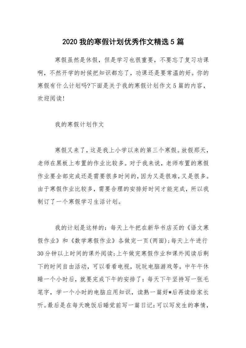 2020我的寒假计划优秀作文精选5篇