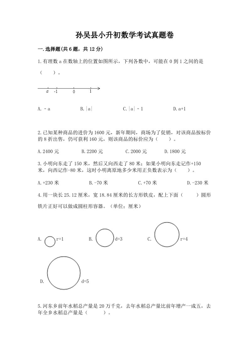 孙吴县小升初数学考试真题卷附答案