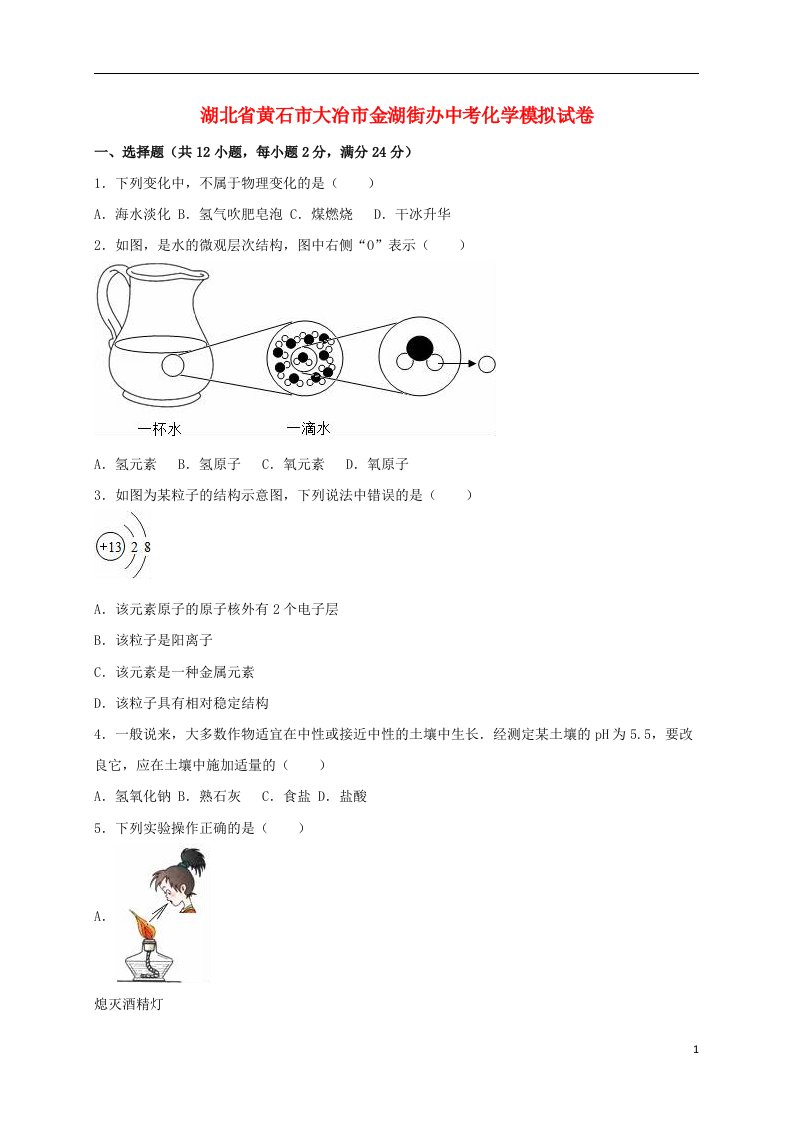 湖北省黄石市大冶市金湖街办中考化学模拟试题（含解析）