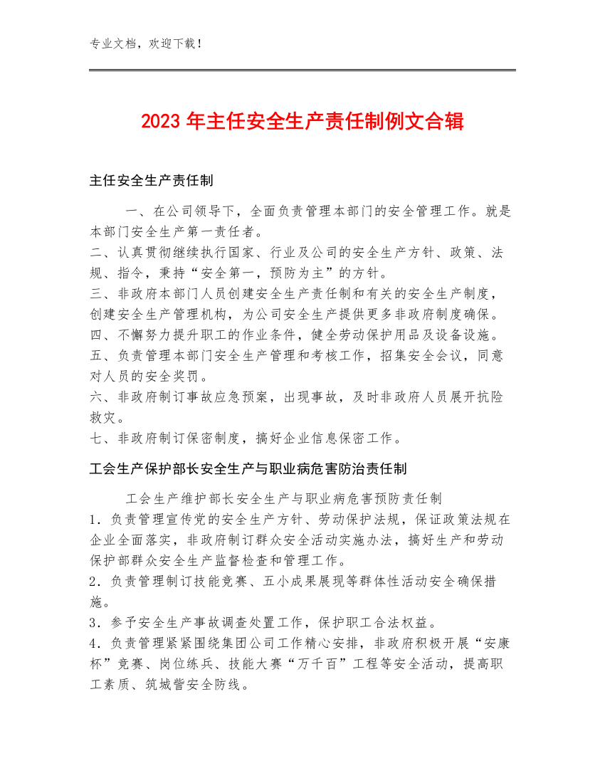 2023年主任安全生产责任制例文合辑