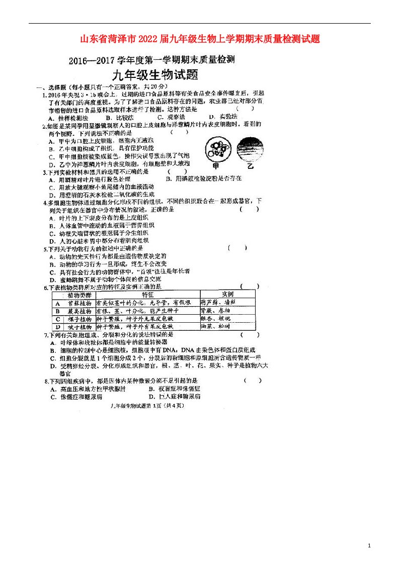 山东省菏泽市2022届九年级生物上学期期末质量检测试题（扫描版）