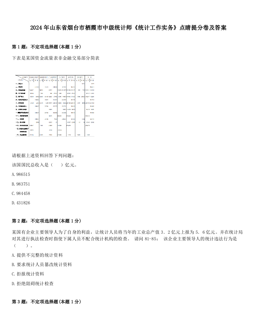 2024年山东省烟台市栖霞市中级统计师《统计工作实务》点睛提分卷及答案