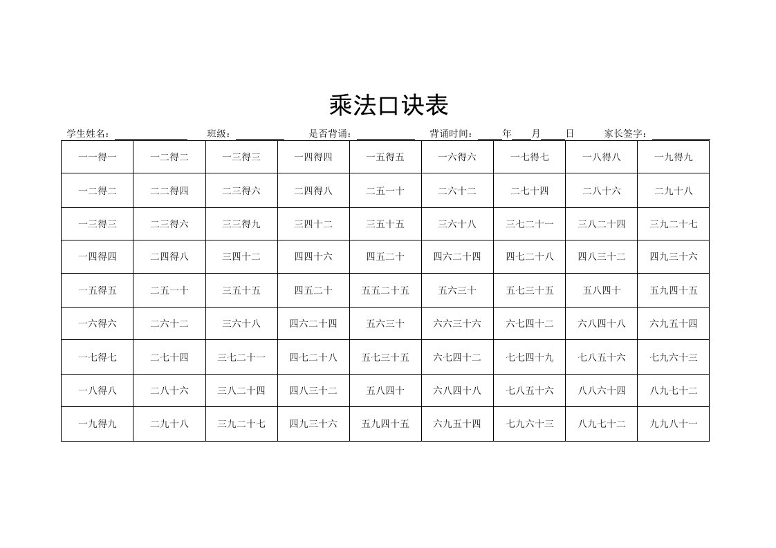 乘法口诀表(横竖全版)