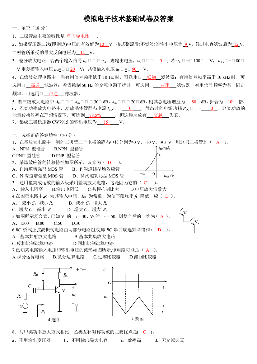 模拟电子技术基础试卷及答案期末