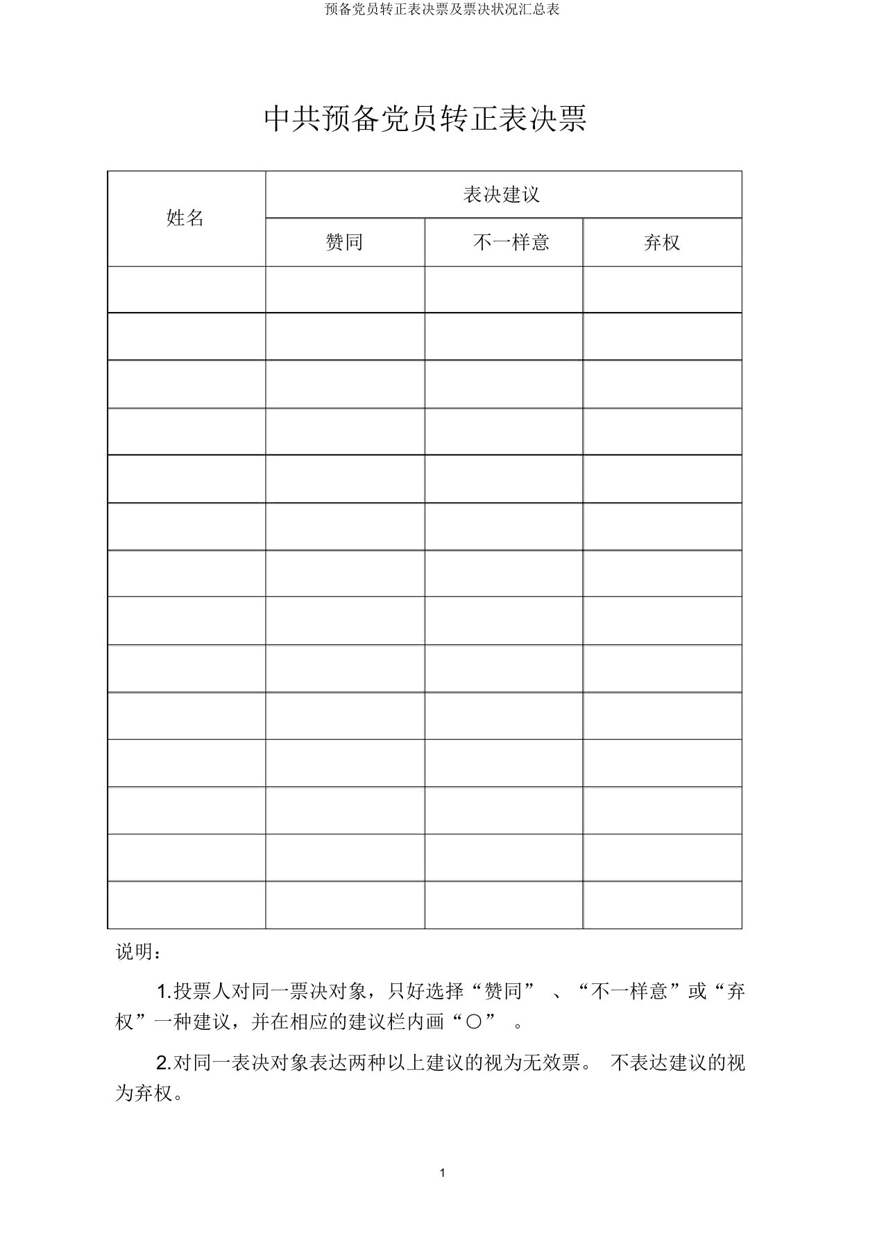 预备党员转正表决票及票决情况汇总表