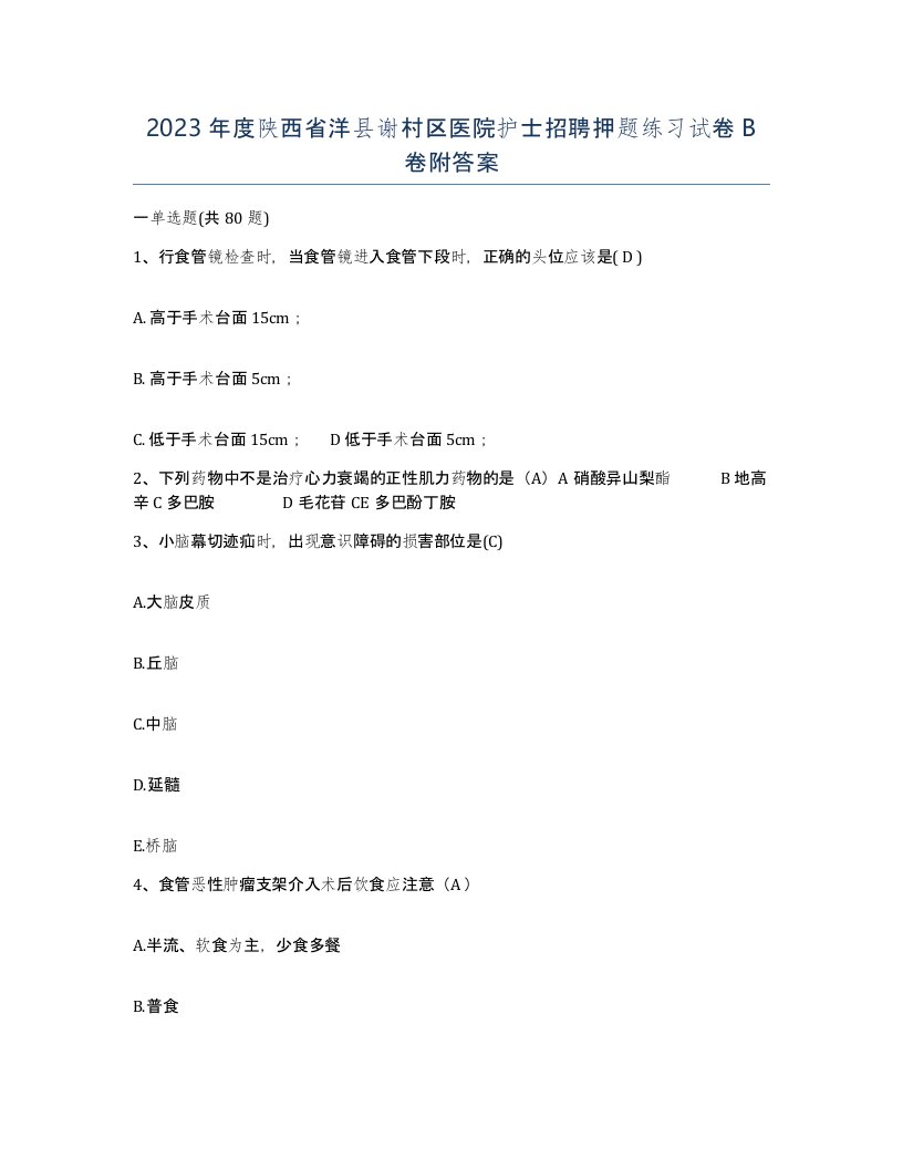 2023年度陕西省洋县谢村区医院护士招聘押题练习试卷B卷附答案