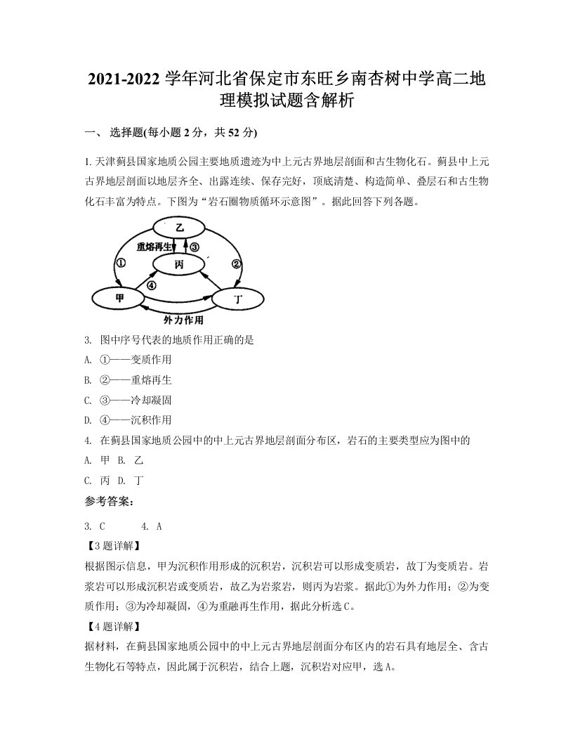 2021-2022学年河北省保定市东旺乡南杏树中学高二地理模拟试题含解析