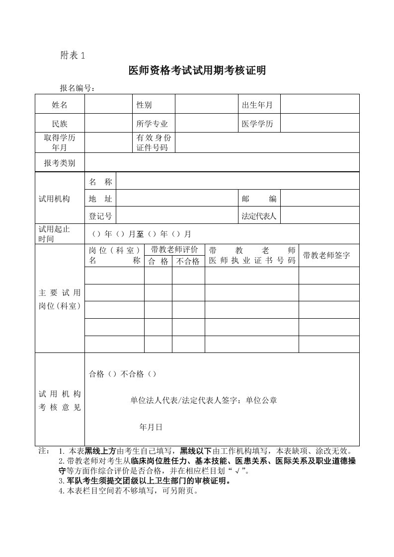 医师资格考试报名表格