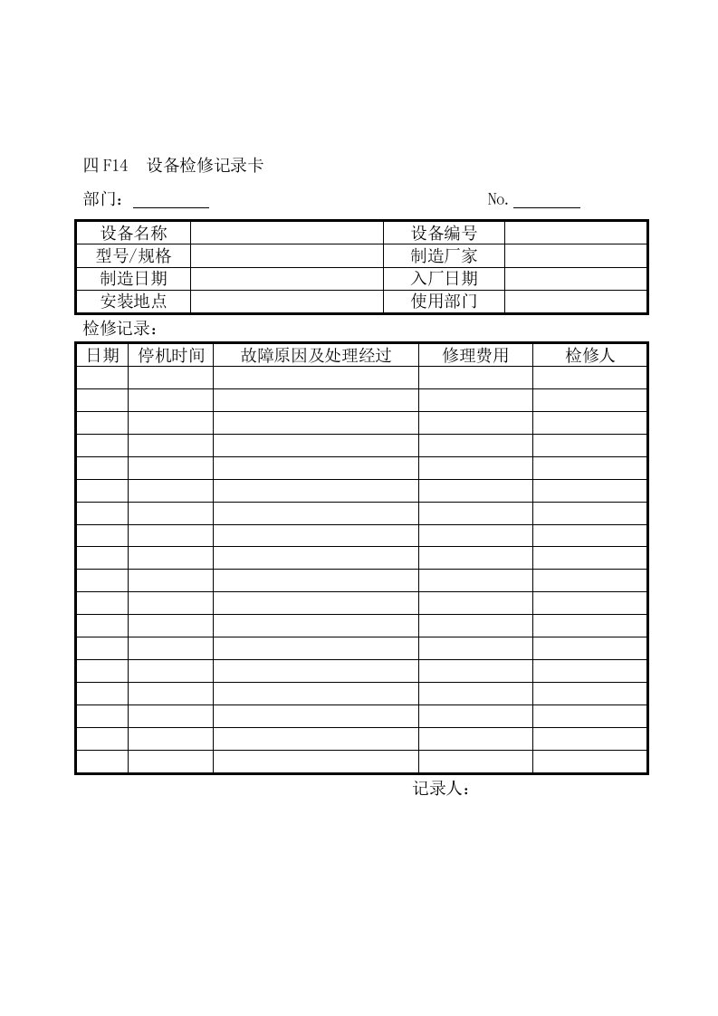 生产管理-F14设备检修记录卡