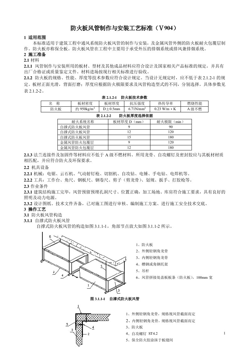 904防火板风管制作与安装工艺标准