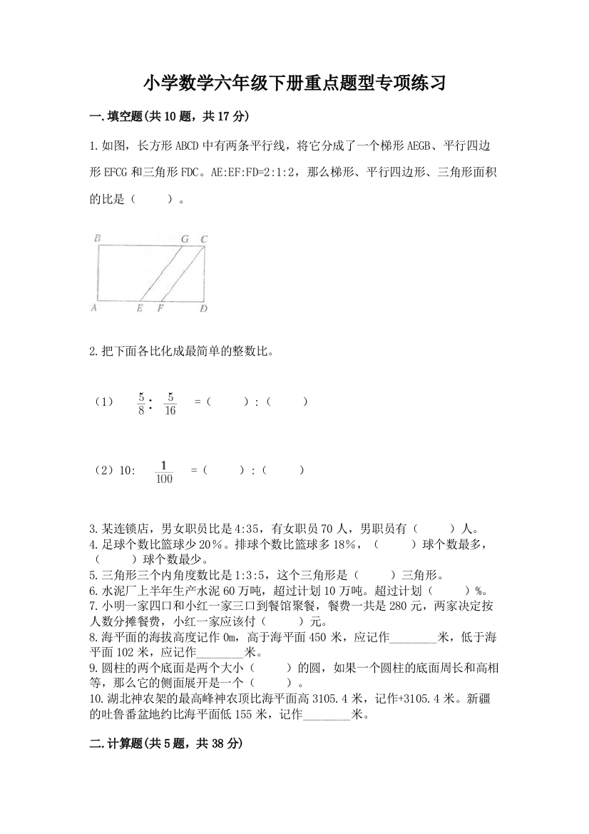 小学数学六年级下册重点题型专项练习精品【典优】