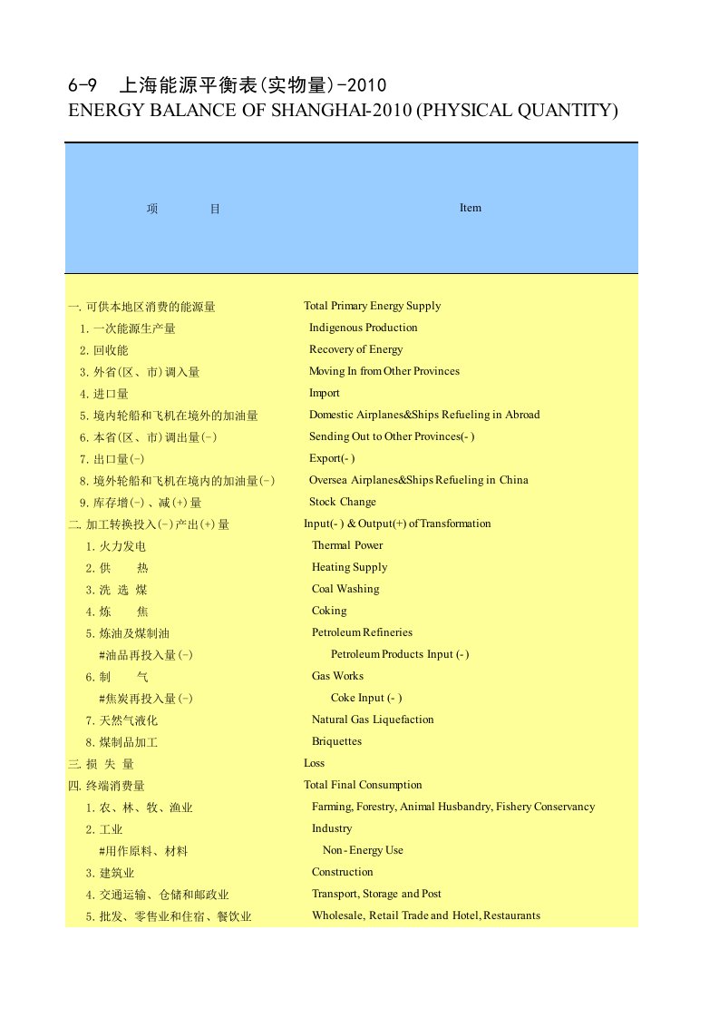 6-9上海能源平衡表(实物量)-2010