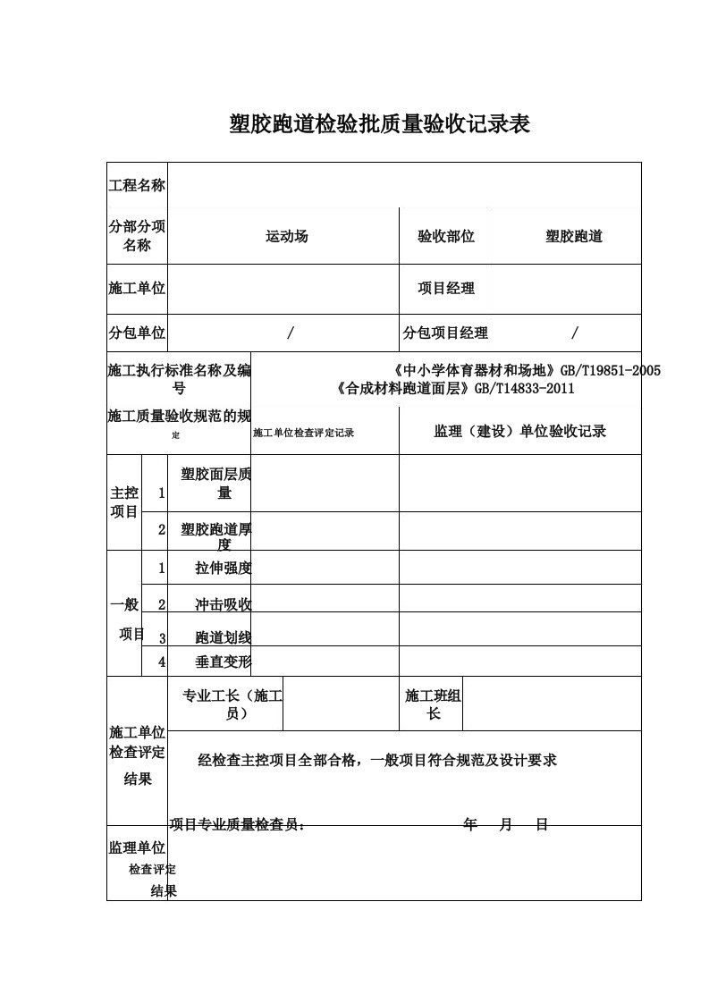 塑胶跑道检验批质量验收记录表