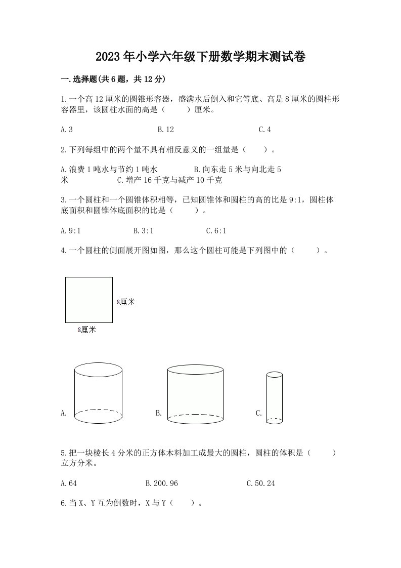 2023年小学六年级下册数学期末测试卷带答案（达标题）