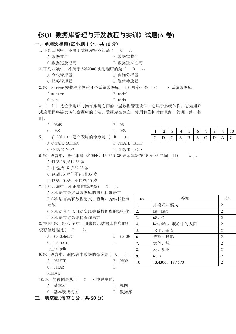 SQL试题(附答案)