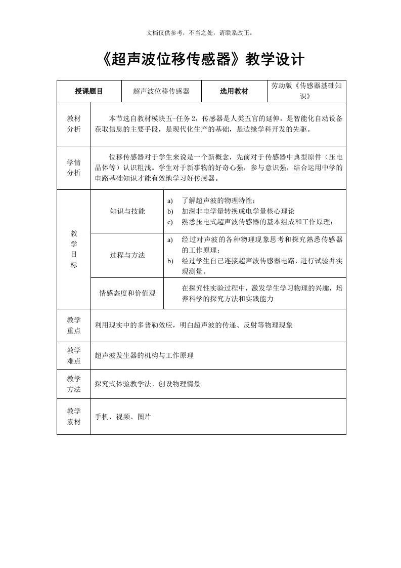 超声波位移传感器-教学设计