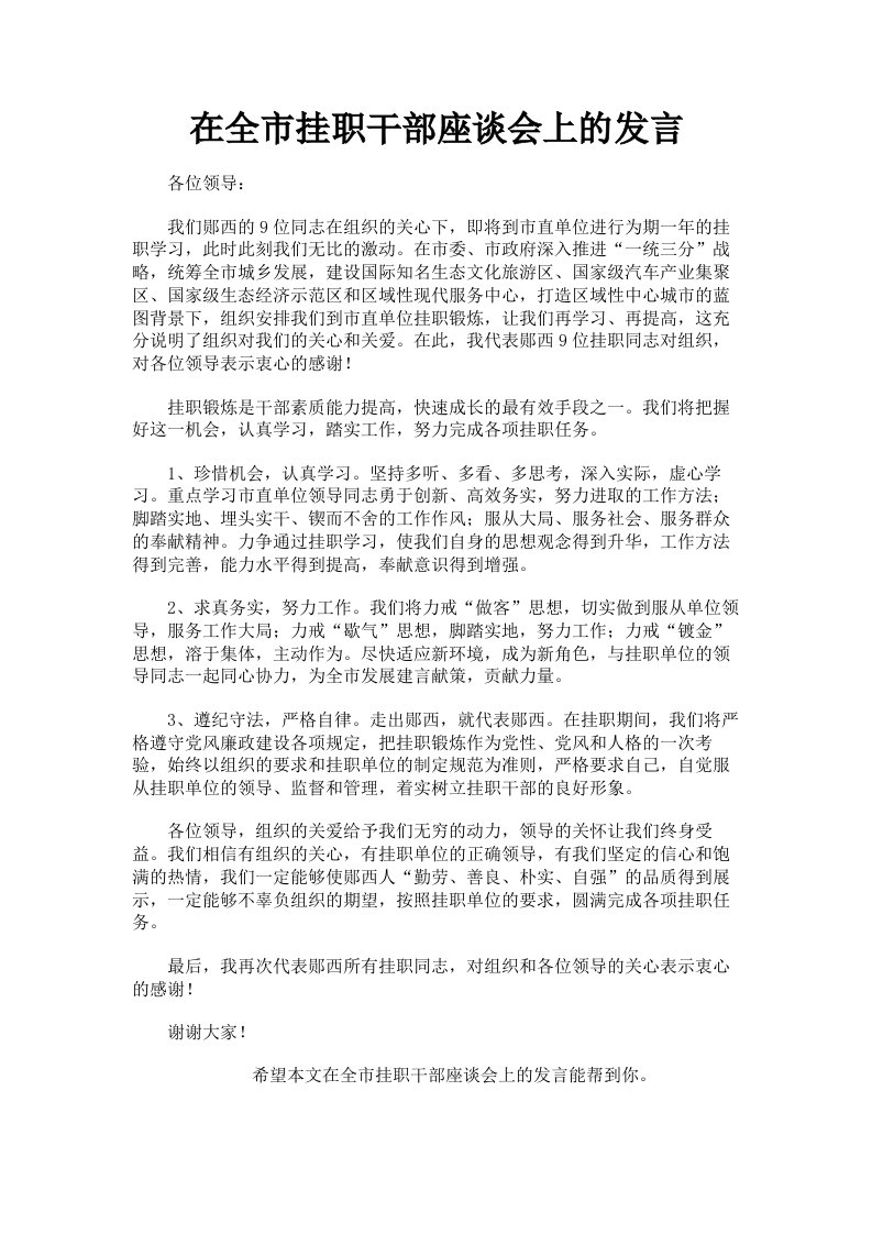 在全市挂职干部座谈会上的发言