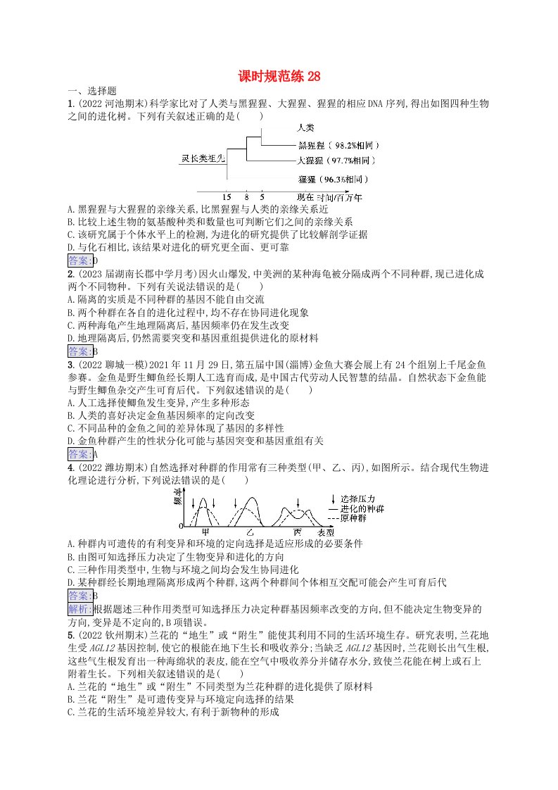 适用于新教材2024版高考生物一轮总复习课时规范练28生物的进化新人教版