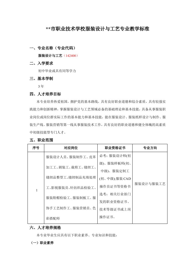 职业技术学校服装设计与工艺专业教学标准