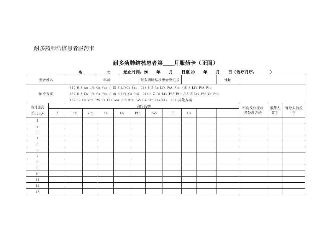 耐多药肺结核患者服药卡