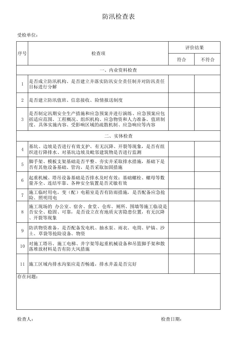 防汛安全检查表格