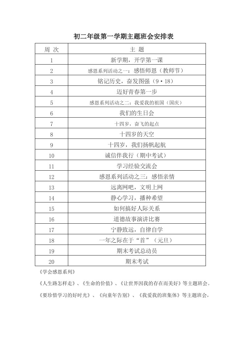 初二年级第一学期主题班会安排表