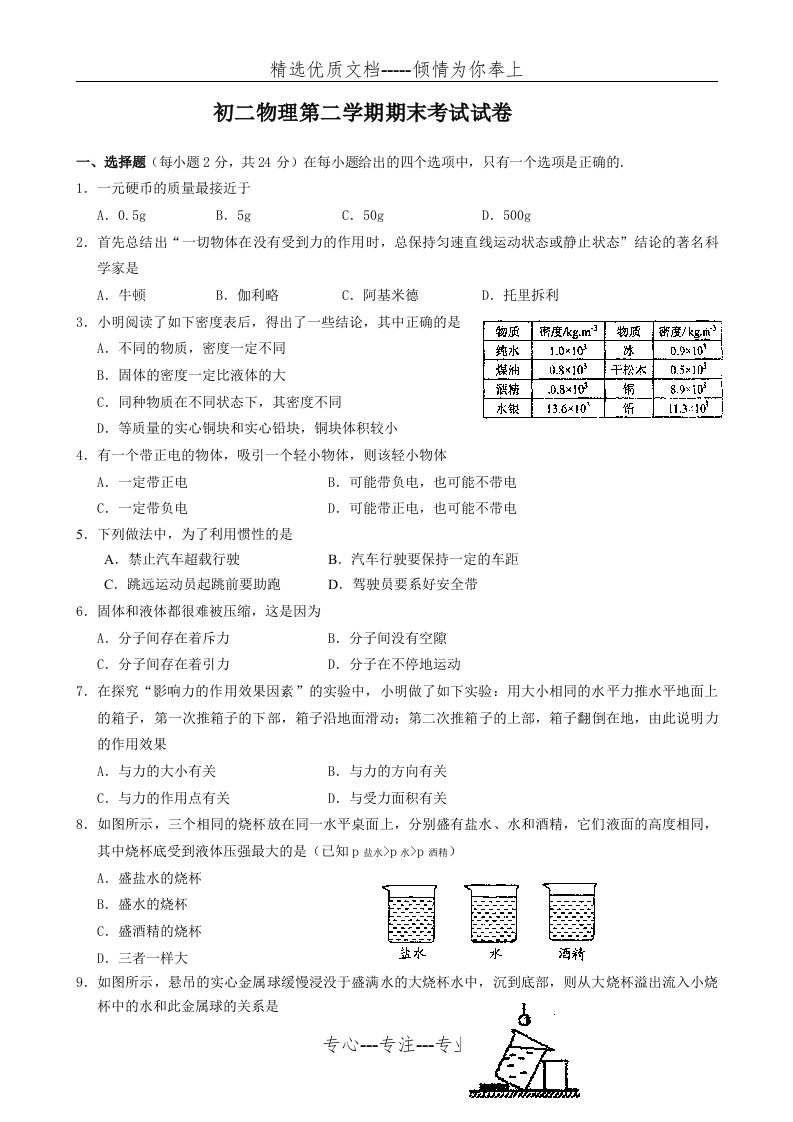 八年级物理第二学期期末考试试卷与答案(共7页)