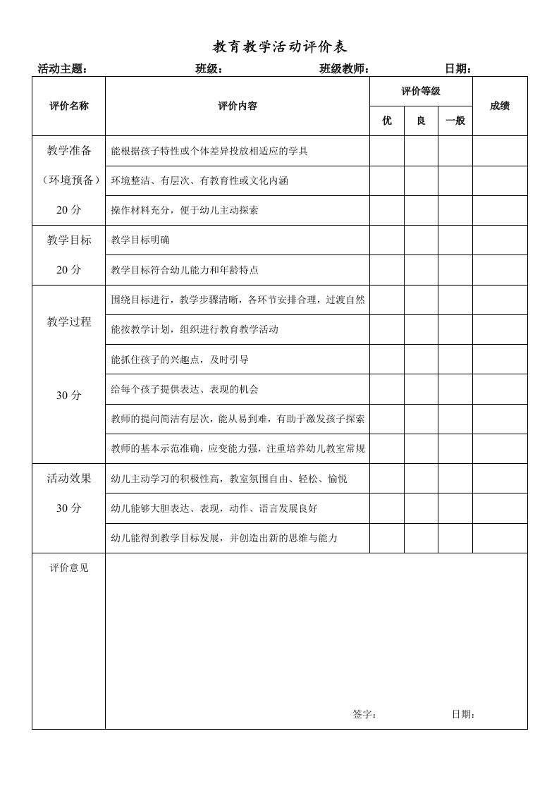 教育教学活动评价表