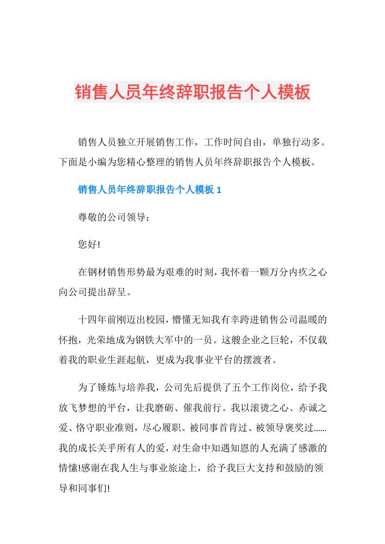 销售人员年终辞职报告个人模板