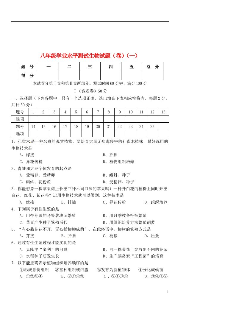 山西省农业大学附属中学八级生物下学期学业水平测试题