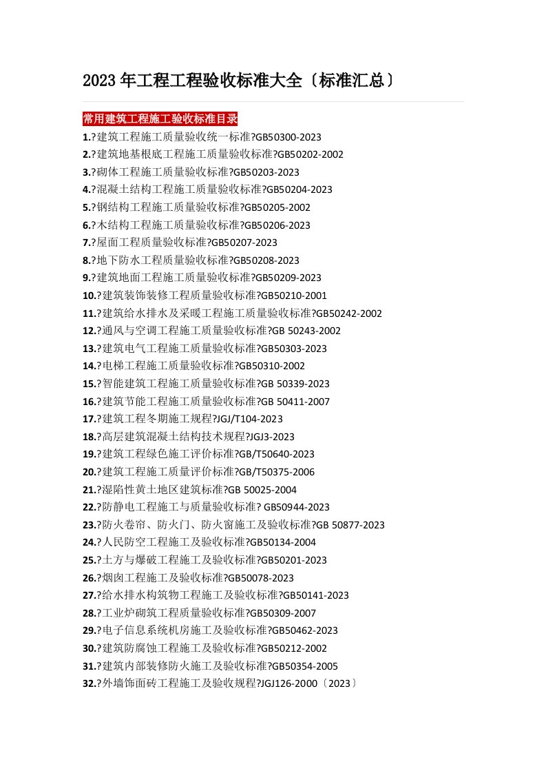 2023年工程项目验收规范大全(规范汇总)