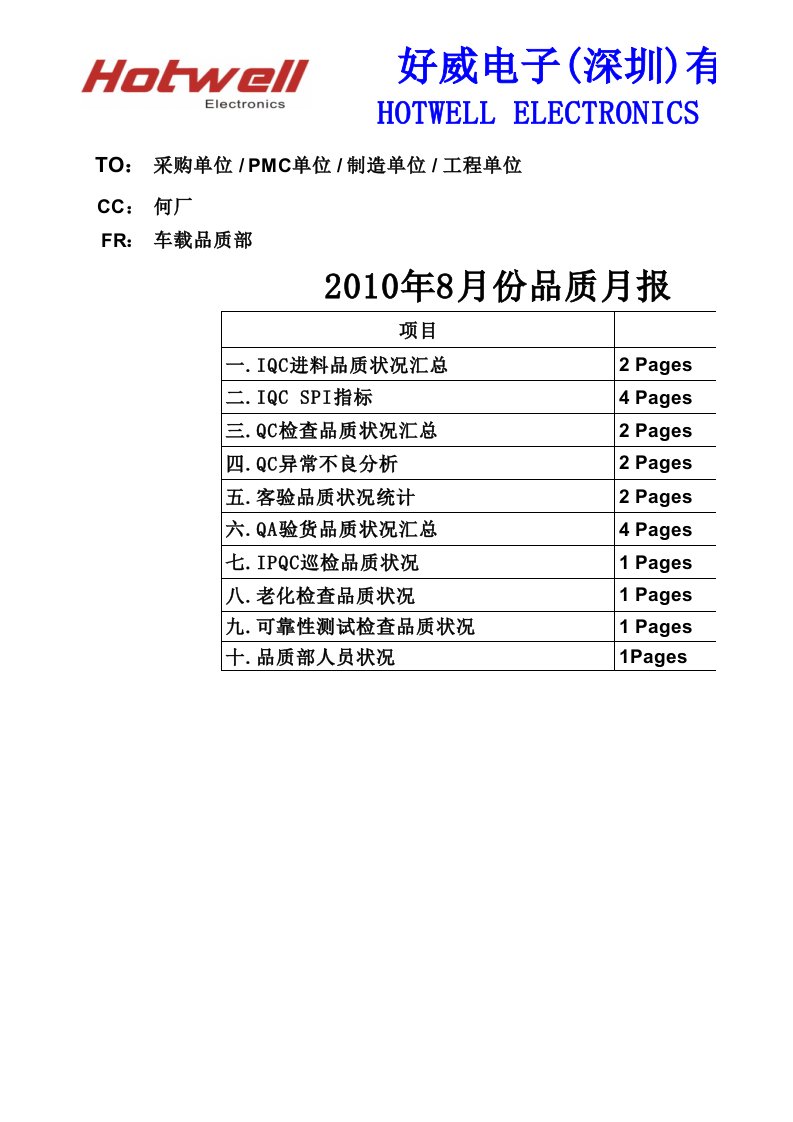 9月份品质月报