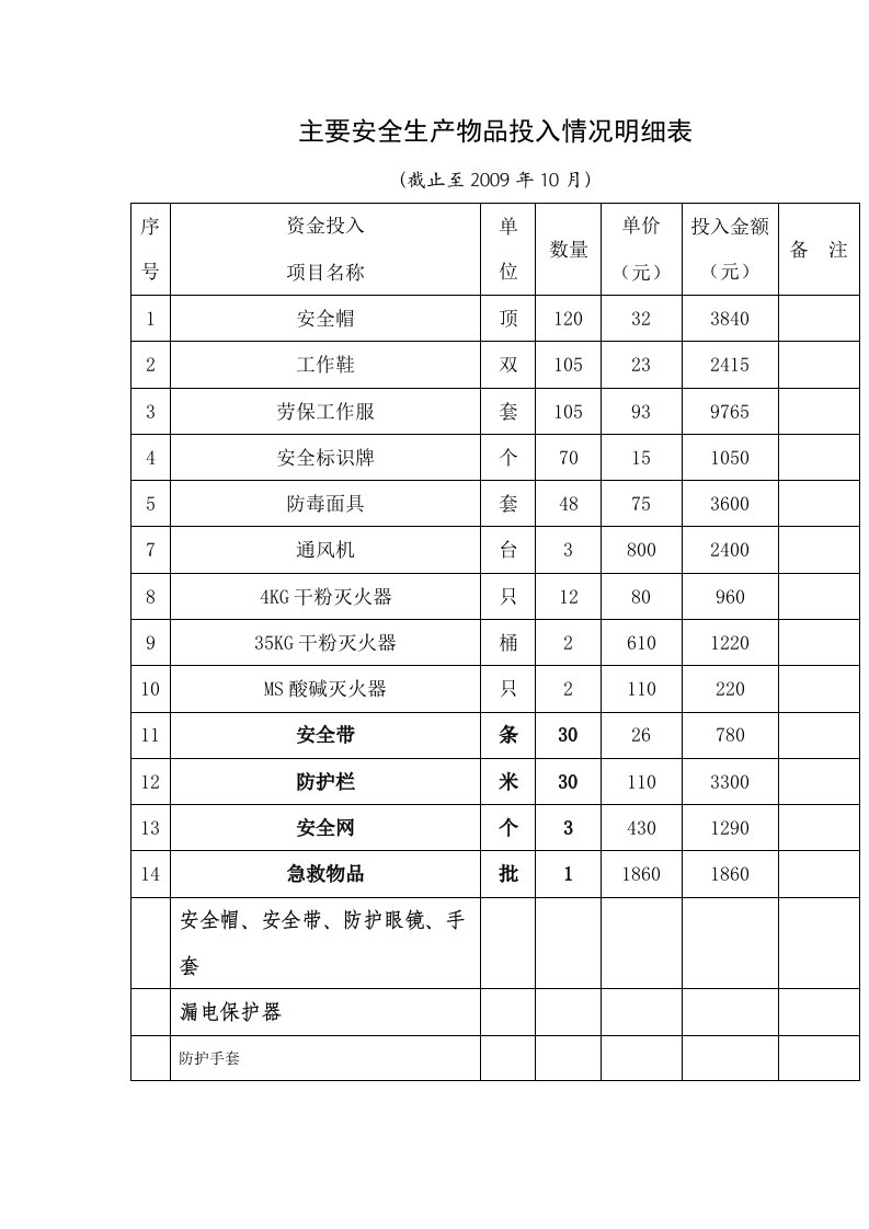 主要安全生产物品投入情况明细表