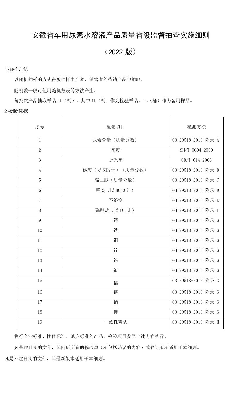 安徽省车用尿素水溶液产品质量省级监督抽查实施细则（2022版）