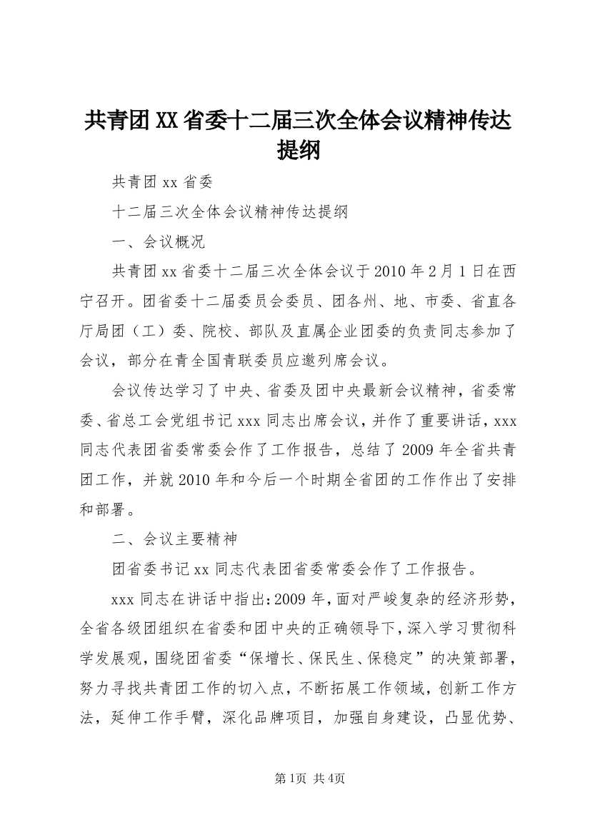 共青团XX省委十二届三次全体会议精神传达提纲