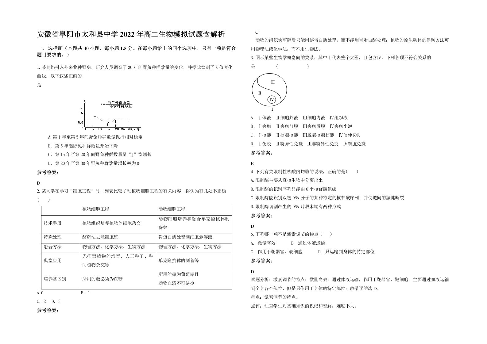 安徽省阜阳市太和县中学2022年高二生物模拟试题含解析