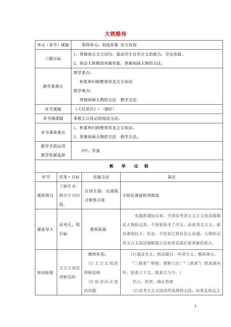 陕西省安康市石泉县高中语文第四单元创造形象诗文有别大铁椎传教案新人教版选修中国古代诗歌散文鉴赏