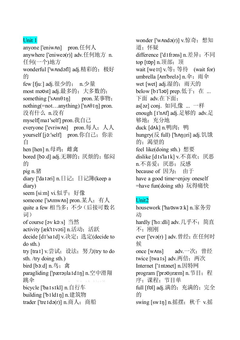 人教版八年级英语上册单词及音标Unit