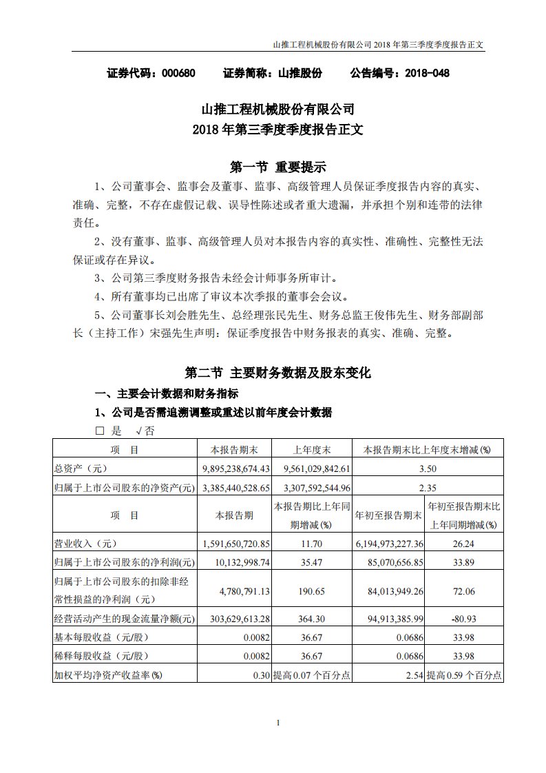 深交所-山推股份：2018年第三季度报告正文-20181031