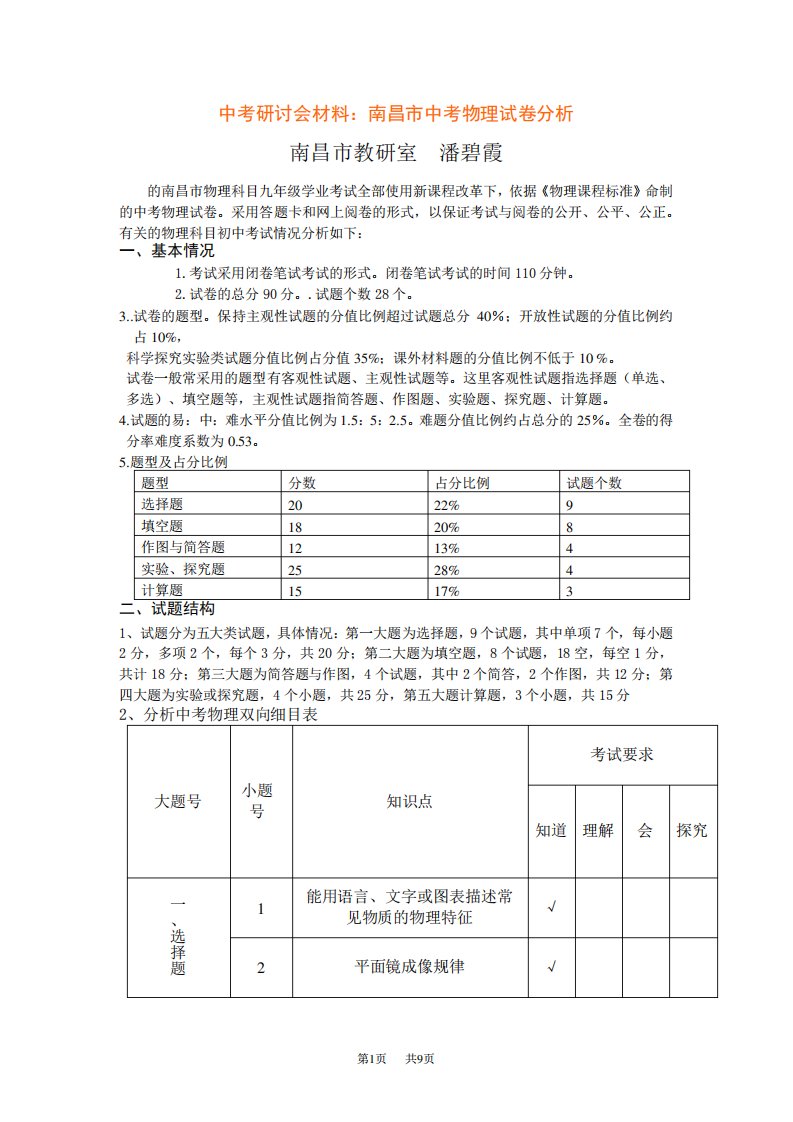 中考研讨会材料中考物理试卷分析