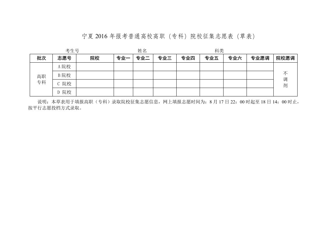 宁夏年报考普通高校高职专科院校征集志愿表草表