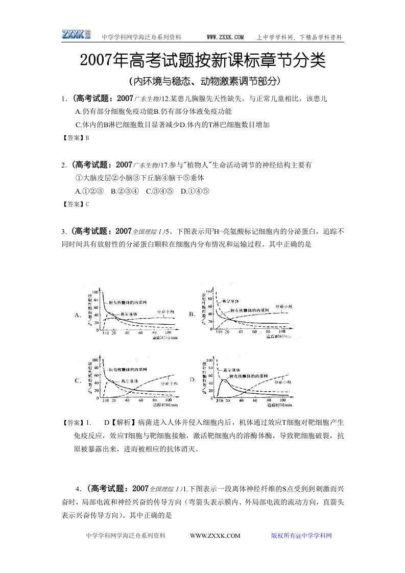 必修二：内环境与稳态、动物激素调节部分