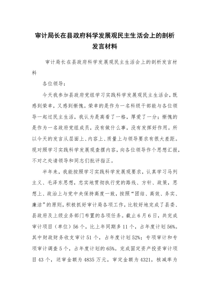 工作总结范文_工作总结_审计局长在县政府科学发展观民主生活会上的剖析发言材料