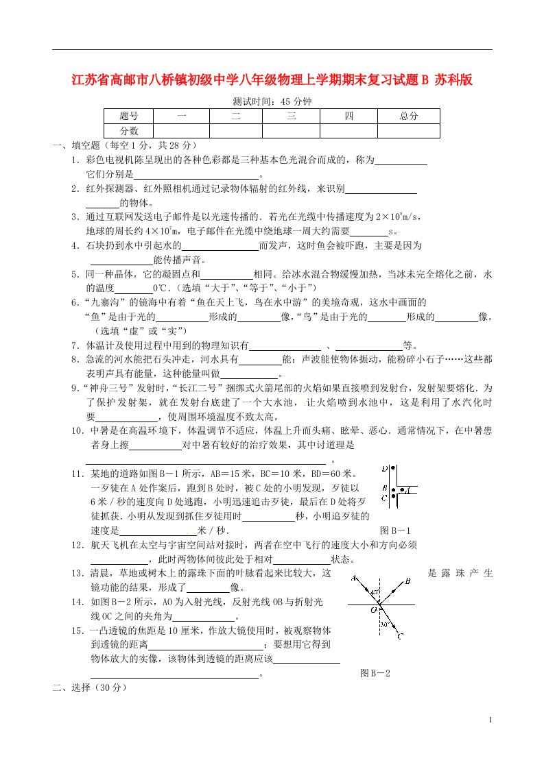 江苏省高邮市八桥镇初级中学八级物理上学期期末复习试题B（无答案）