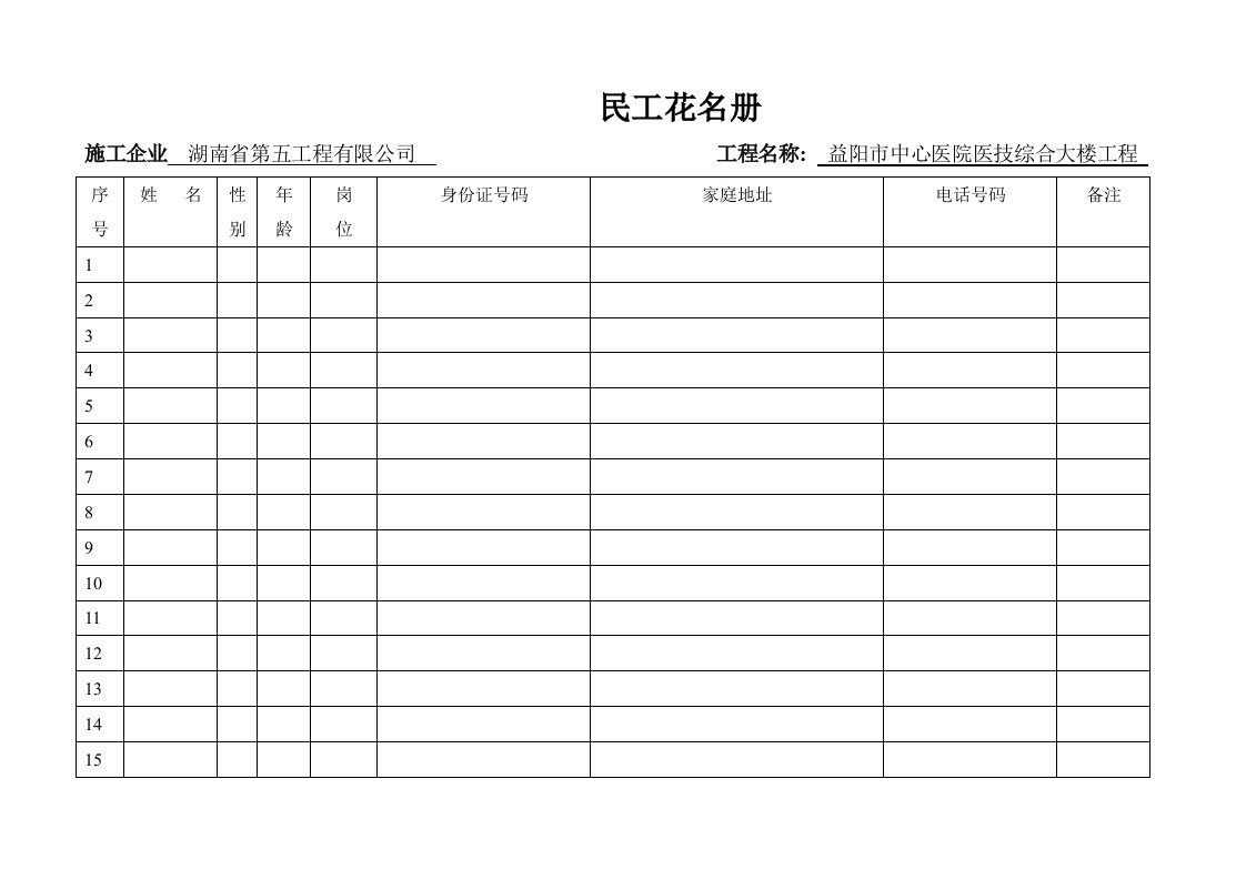 农民工花名册样表