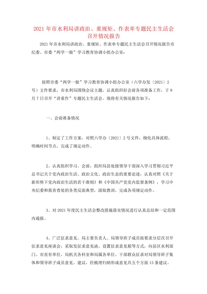 2021年市水利局讲政治、重规矩、作表率专题民主生活会召开情况报告